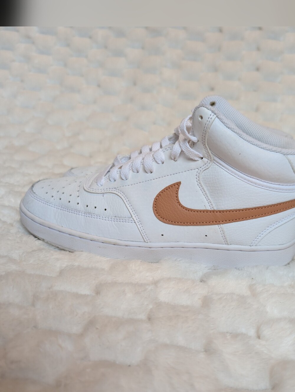 Nike Court Vision Mid White Tan Textured Swoosh High Top Sneakers Women's 9.5